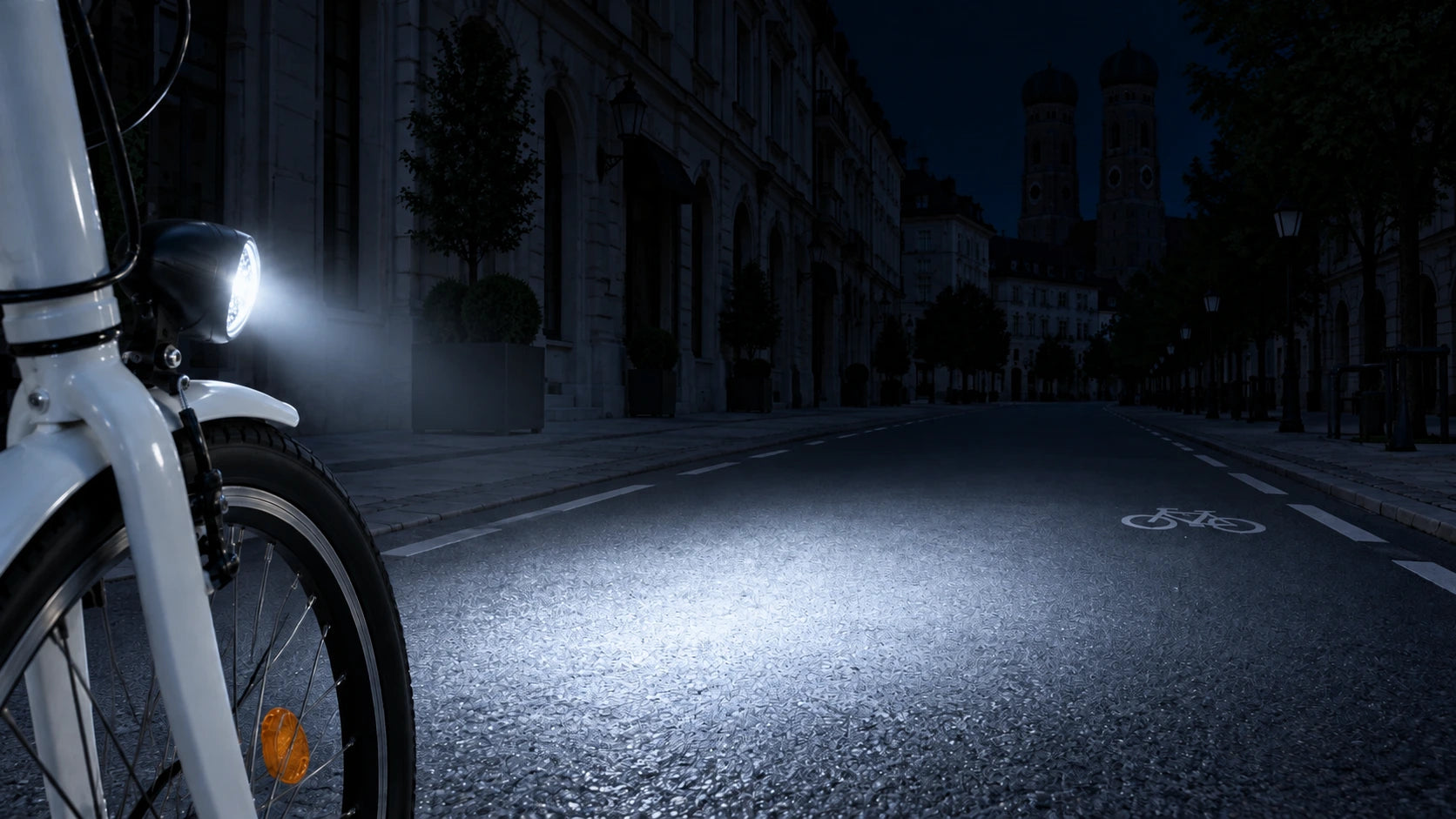 Fahrradscheinwerfer beleuchtet die Straße in einer dunklen Münchner Stadtszene