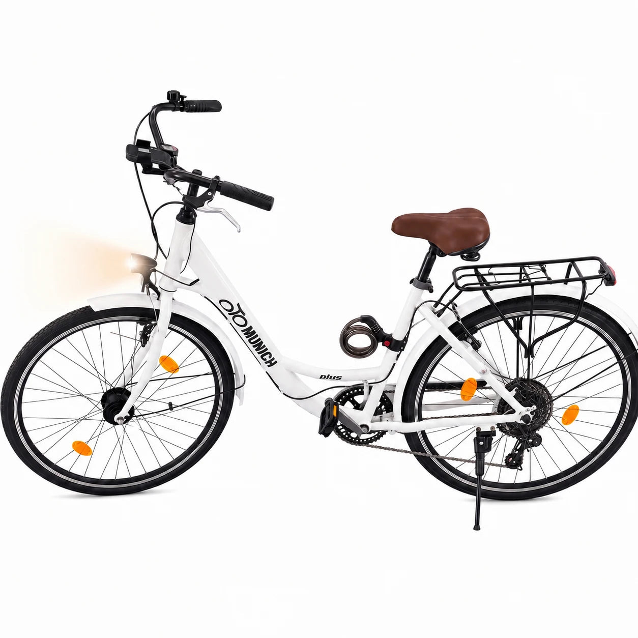 Plus Citybike in Weiß mit Nabendynamo, Shimano-Schaltung, gefedertem Sattel und mitgeliefertem Zubehör